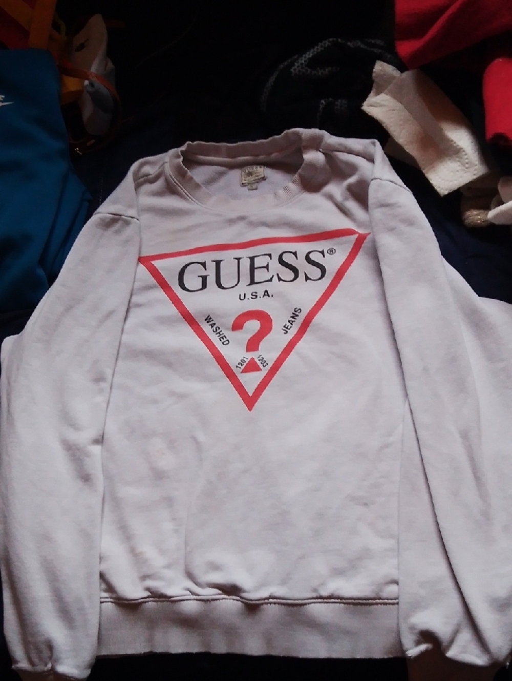 Guess White Crewneck Sweatshirt with Red Triangle Logo